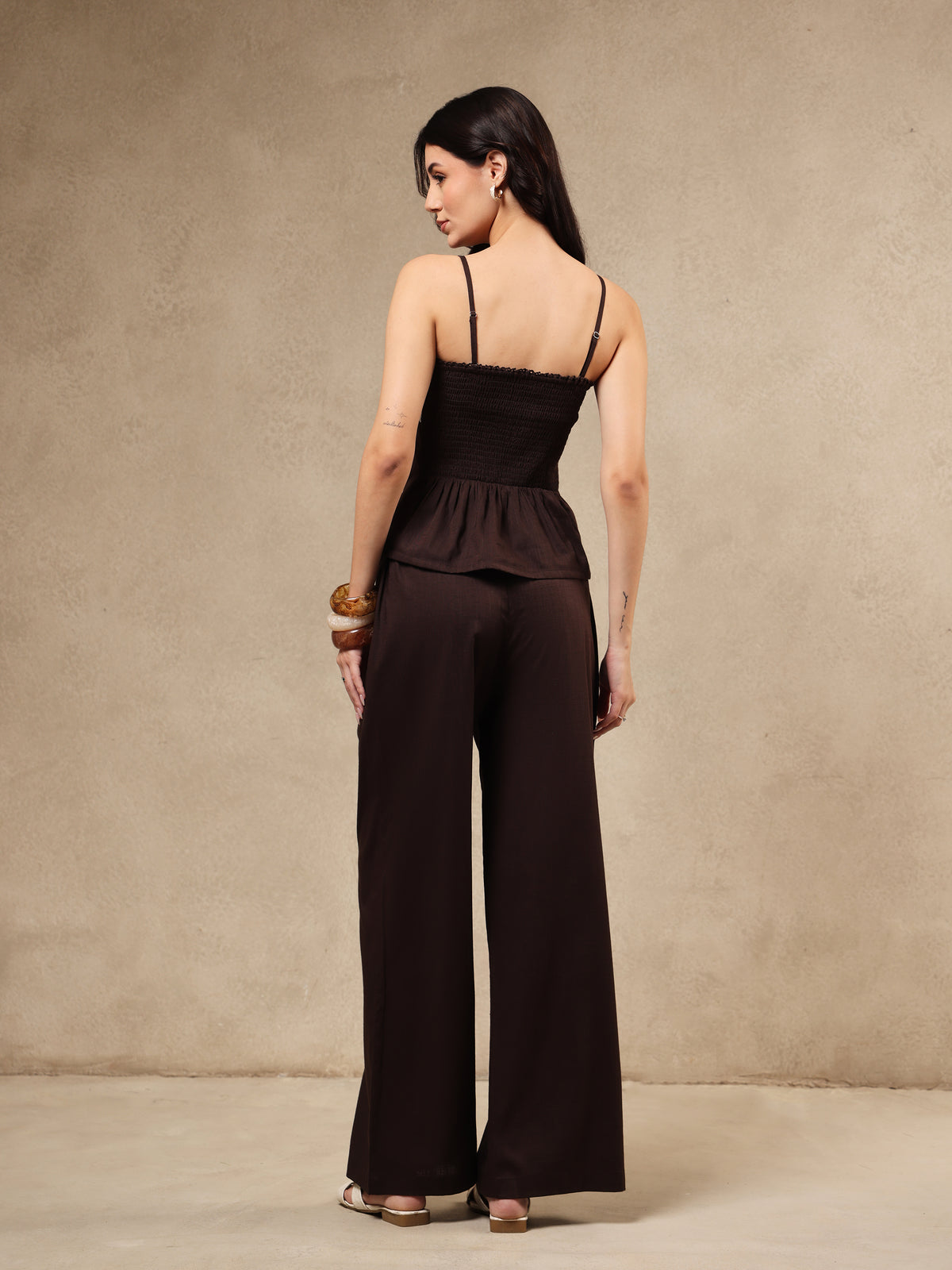 Eloysa Brown Linen Lace Co-ord Set